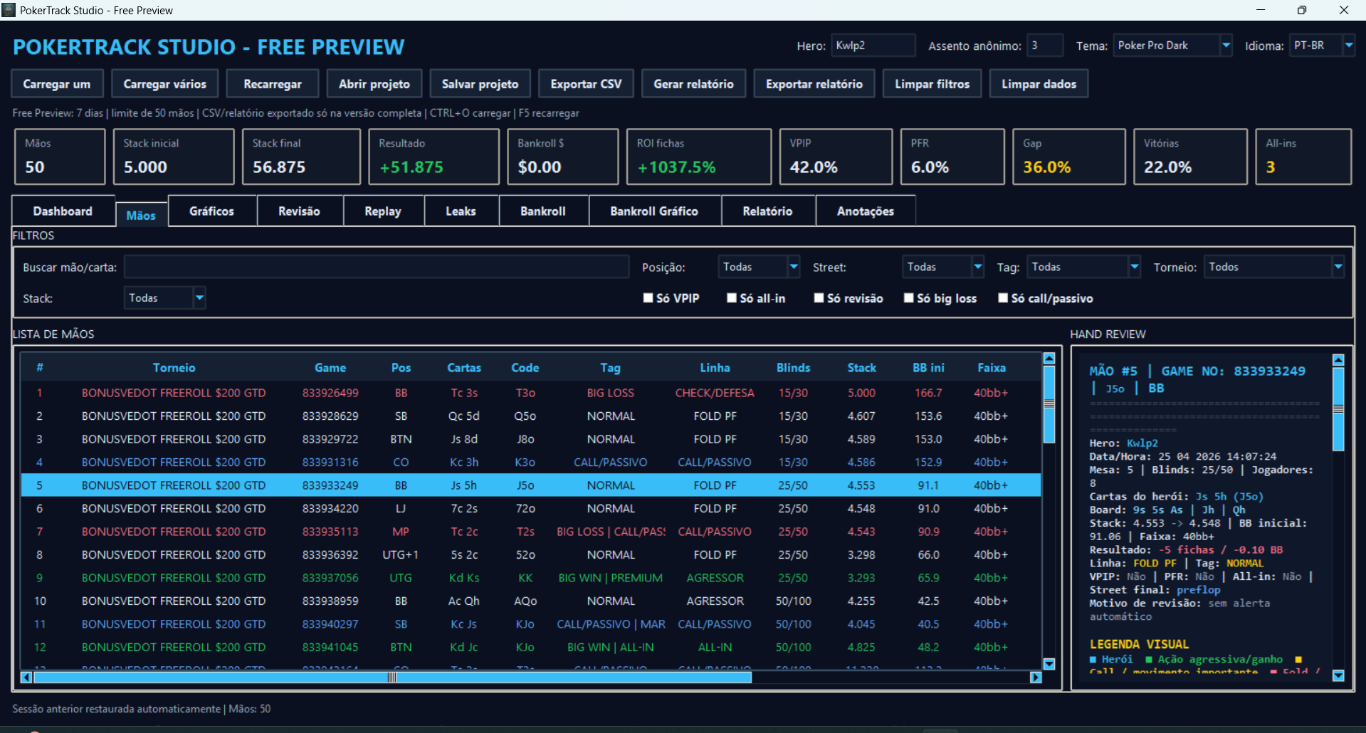 Captura de tela do PokerTrack Studio Preview Beta aberto no Windows